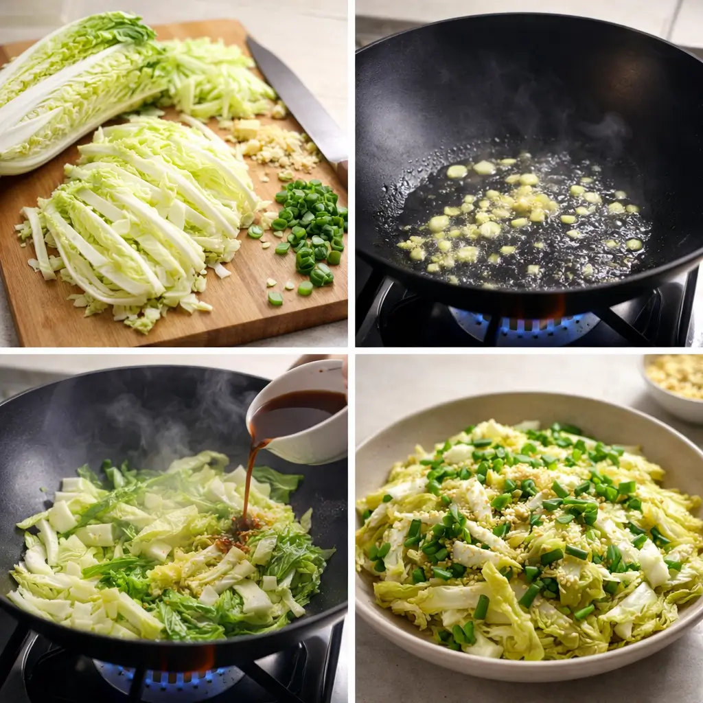 Step-by-step image grid showing how to make Napa Cabbage Recipes from slicing the cabbage to stir-frying and serving.