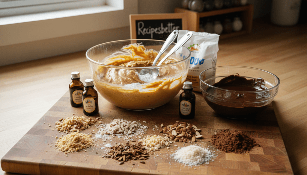 A beautifully arranged collection of ingredients for making peanut butter eggs, prominently featuring creamy peanut butter, powdered sugar, vanilla extract, and a bowl of melted chocolate. The foreground showcases a wooden cutting board with a vibrant assortment of crushed nuts and cocoa powder, adding texture. In the middle, a glass mixing bowl filled with a thick, golden peanut butter mixture stands proud, surrounded by measuring spoons and small jars of vanilla extract. The background fades into a warm kitchen atmosphere with soft natural lighting streaming through a window, highlighting a wooden countertop. The mood is inviting and homely, perfect for Easter treats. This image represents the "Ingredient Spotlight and Preparation Tips" section, emphasizing the comfort and joy of homemade cooking. Recipesbetter.