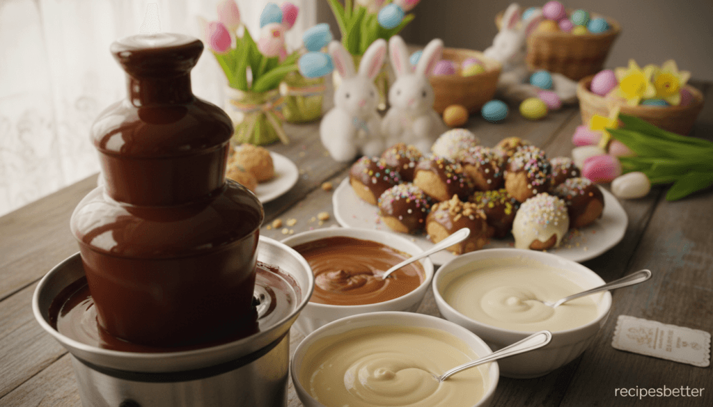 A beautifully arranged display of the best chocolate for dipping, showcasing rich dark, smooth milk, and creamy white chocolate in elegant bowls. In the foreground, a glossy, melted chocolate fountain cascades, invitingly oozing with velvety texture. The midground features vibrant peanut butter Easter eggs, artfully dipped and glistening, surrounded by colorful sprinkles and chopped nuts. The background is softly blurred, featuring a rustic wooden table adorned with spring-themed decorations, fluffy bunnies, and pastel-colored flowers, setting a joyful Easter mood. Warm, natural lighting floods the scene, creating an inviting atmosphere, captured with a shallow depth of field at a slight angle to highlight the exquisite details of the chocolates. Perfect for showcasing recipesbetter.
