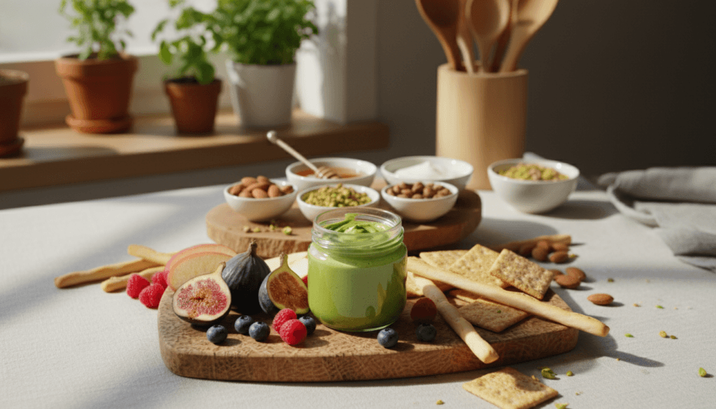 A beautifully arranged table showcasing creative serving suggestions for pistachio spread. In the foreground, include a rustic wooden platter with an elegant jar of vibrant green pistachio cream, surrounded by fresh fruits like figs, sliced apples, and berries. Add an assortment of crackers and breadsticks artistically placed nearby. In the middle ground, feature a decorating set with small bowls of honey, yogurt, and nuts for garnish. A soft, natural light filters in from the left, creating gentle shadows and highlighting the textures of the spread and ingredients. The background should be softly blurred, with warm, cozy kitchen elements like herbs and wooden utensils, inviting a homey atmosphere conducive to enjoying this delicious treat.