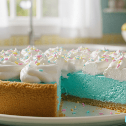 A beautifully styled Baja Blast Pie, showcasing a vibrant turquoise filling made from the popular drink, sitting elegantly on a crisp, golden crust. In the foreground, the pie is adorned with fluffy whipped cream peaks and colorful sprinkles that catch the light. The middle ground features a slice of pie removed, revealing the luscious filling and inviting texture. The background is softly blurred, hinting at a bright, sunlit kitchen with pastel decor, evoking a fresh and cheerful atmosphere. Use natural lighting to enhance the colors, with a shallow depth of field to focus on the pie. The overall mood is playful and enticing, perfect for a delightful summer dessert. Photography style should mimic a close-up, taken with a 50mm lens to capture the intricate details. RecipesBetter.