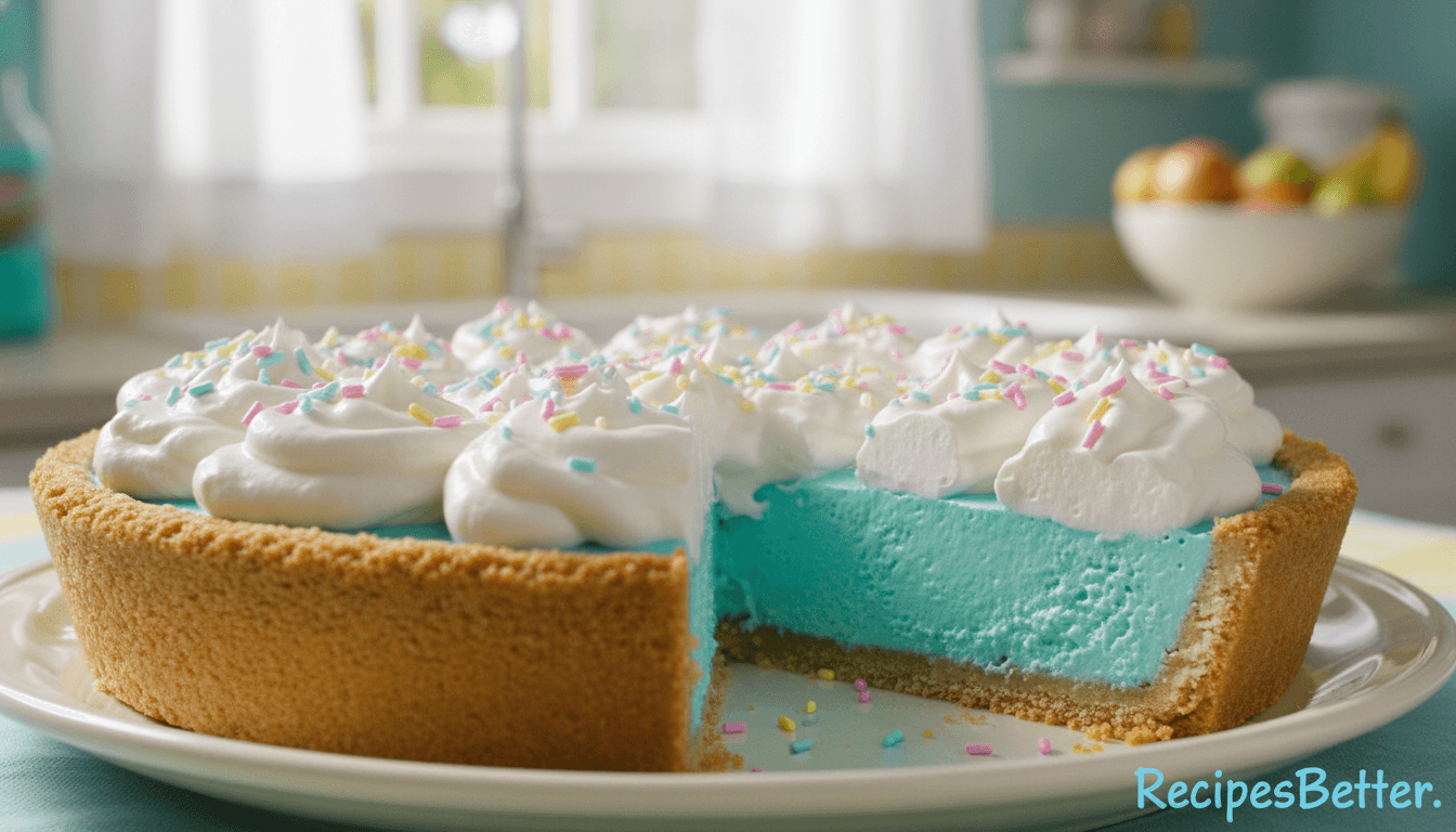 A beautifully styled Baja Blast Pie, showcasing a vibrant turquoise filling made from the popular drink, sitting elegantly on a crisp, golden crust. In the foreground, the pie is adorned with fluffy whipped cream peaks and colorful sprinkles that catch the light. The middle ground features a slice of pie removed, revealing the luscious filling and inviting texture. The background is softly blurred, hinting at a bright, sunlit kitchen with pastel decor, evoking a fresh and cheerful atmosphere. Use natural lighting to enhance the colors, with a shallow depth of field to focus on the pie. The overall mood is playful and enticing, perfect for a delightful summer dessert. Photography style should mimic a close-up, taken with a 50mm lens to capture the intricate details. RecipesBetter.