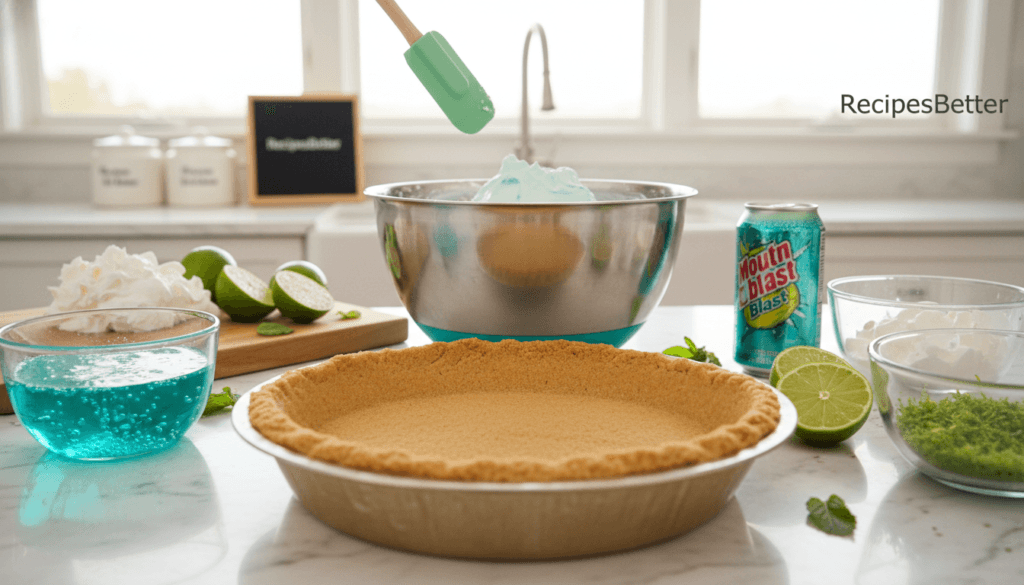 A vibrant and enticing kitchen scene showcasing the preparation of a no-bake Baja Blast Pie. In the foreground, a pie crust sits on a marble countertop, surrounded by bowls of colorful ingredients, including bright turquoise Baja Blast soda, whipped cream, and lime zest. A mixing bowl with a creamy filling is centered, with a spatula poised for action. In the middle, a bright kitchen with scattered ingredients like limes and a soda can adds energy to the scene. In the background, natural light floods through a window, highlighting the freshness of the ingredients. The mood is playful and refreshing, perfect for a dessert preparation. RecipesBetter is subtly incorporated into the decor, enhancing the inviting atmosphere without distracting from the main focus. A vibrant and enticing kitchen scene showcasing the preparation of a no-bake Baja Blast Pie. In the foreground, a pie crust sits on a marble countertop, surrounded by bowls of colorful ingredients, including bright turquoise Baja Blast soda, whipped cream, and lime zest. A mixing bowl with a creamy filling is centered, with a spatula poised for action. In the middle, a bright kitchen with scattered ingredients like limes and a soda can adds energy to the scene. In the background, natural light floods through a window, highlighting the freshness of the ingredients. The mood is playful and refreshing, perfect for a dessert preparation. RecipesBetter is subtly incorporated into the decor, enhancing the inviting atmosphere without distracting from the main focus.