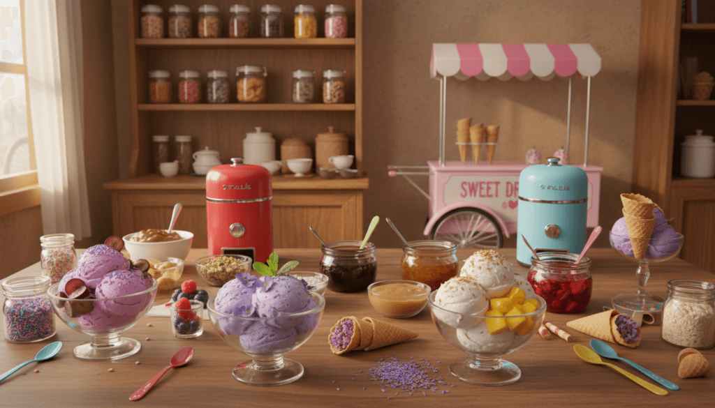 A vibrant, inviting kitchen scene featuring a variety of creative homemade ice cream variations. In the foreground, a table displays brightly colored scoops of ice cream in an array of unique flavors such as grape, lavender, and coconut, each topped with delightful garnishes like sprinkles, fresh fruit, and mint leaves. In the middle, there are ice cream makers, colorful bowls, and ingredients like crushed nuts and syrups, showcasing the fun of creating unique flavors. The background features a softly lit kitchen with shelves filled with jars of toppings and a vintage-style ice cream cart. The warm, cheerful lighting creates a cozy atmosphere, inviting viewers to explore the joy of making homemade ice cream. The composition is shot from a slightly elevated angle to capture the variety and creativity of the ice cream creations.
