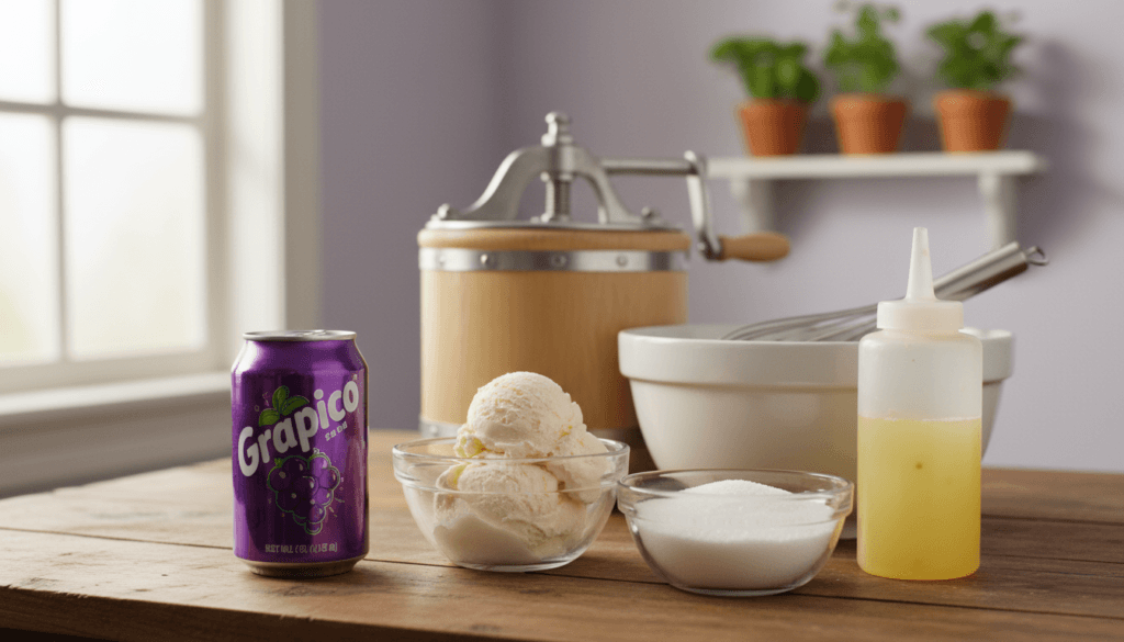 A visually appealing display of ingredients for a Grapico ice cream recipe, arranged artfully on a wooden kitchen table. In the foreground, showcase vibrant, fresh ingredients: a can of Grapico soda, creamy vanilla ice cream, a bowl of granulated sugar, and a squeeze bottle of freshly squeezed lemon juice. The middle ground features essential tools: a vintage ice cream churn and a mixing bowl, all gleaming in soft, diffused natural light streaming through a nearby window. In the background, a softly blurred kitchen ambiance with pale pastel walls and potted herbs, adding warmth and homeliness to the scene. The mood is inviting and cheerful, perfect for inspiring home cooks. The photograph should maintain focus on the ingredients, with a shallow depth of field emphasizing their colors and textures.