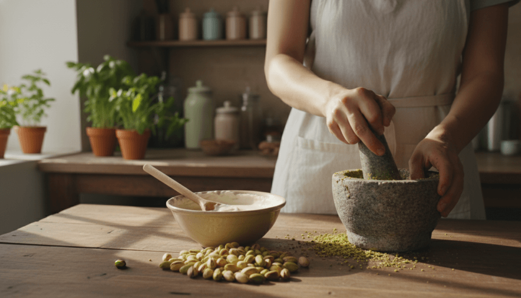 A visually engaging step-by-step preparation scene for homemade pistachio cream. In the foreground, a rustic wooden table displays vibrant, shelled pistachios, a small bowl of cream, a wooden spoon, and a mortar and pestle, emphasizing the hands-on process. In the middle ground, a person dressed in a simple, modest white apron methodically grinds the pistachios with the mortar and pestle, their focus evident as they aim for a smooth paste. The background features a softly lit kitchen with pastel-colored jars and some fresh herbs, creating a warm and inviting atmosphere. Natural light filters through a nearby window, casting a gentle glow on the ingredients. The scene captures the essence of homemade culinary craft and the joy of creating delicious pistachio cream.