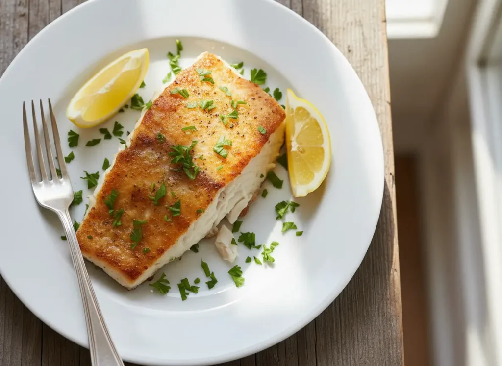 Baked orange roughy recipe fillet on a white plate with lemon wedges and fresh parsley