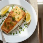 Baked orange roughy recipe fillet on a white plate with lemon wedges and fresh parsley