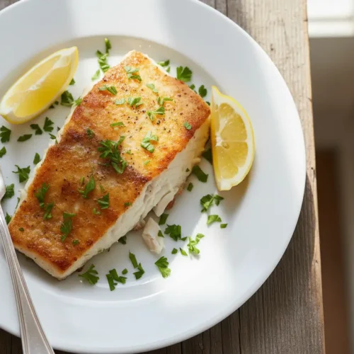 Baked orange roughy recipe fillet on a white plate with lemon wedges and fresh parsley