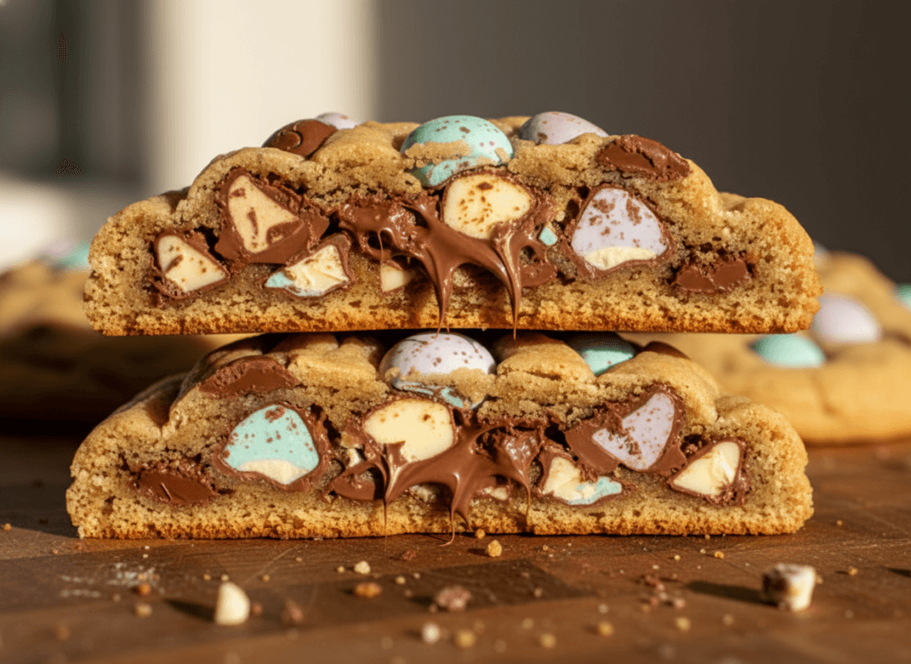 Close-up of Cadbury Egg cookies showing interior texture with melted chocolate chips and mini eggs