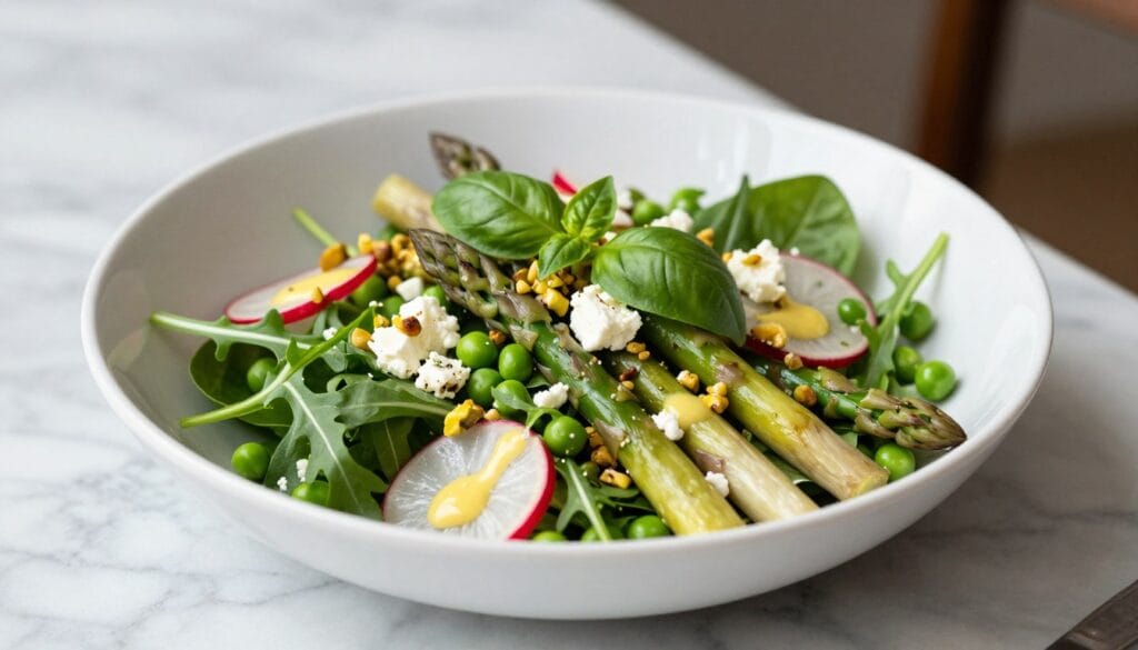 Colorful spring salad recipe with fresh greens, asparagus, peas, radishes, and lemon vinaigrette in a white bowl