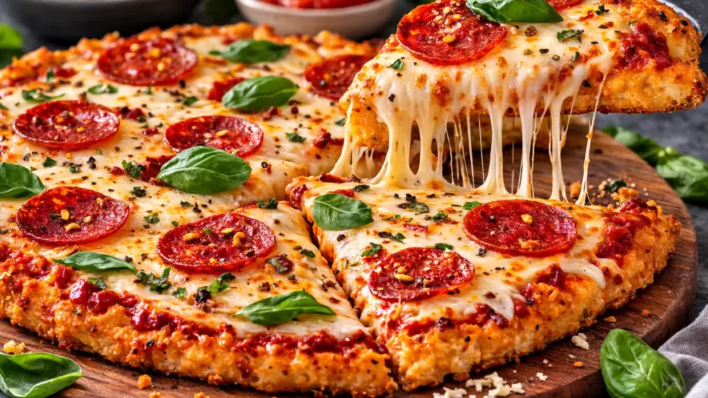 Crispy chicken crust pizza with melted mozzarella, pepperoni, and a cheesy slice being lifted