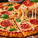 Crispy chicken crust pizza with melted mozzarella, pepperoni, and a cheesy slice being lifted