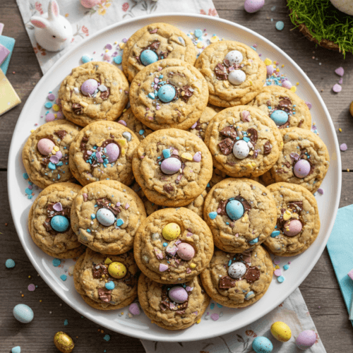 Large platter of Cadbury Egg cookies arranged for party display with colorful presentation
