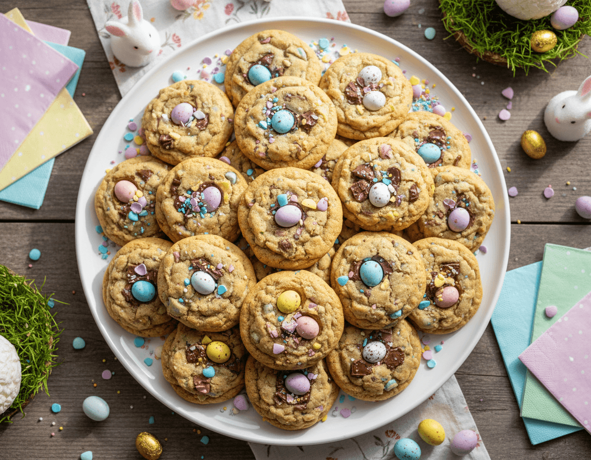 Large platter of Cadbury Egg cookies arranged for party display with colorful presentation