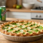 Mountain Dew Baja Blast pie with a flaky golden crust and bright green filling on a rustic wooden table, styled with limes and Mountain Dew cans in the background.