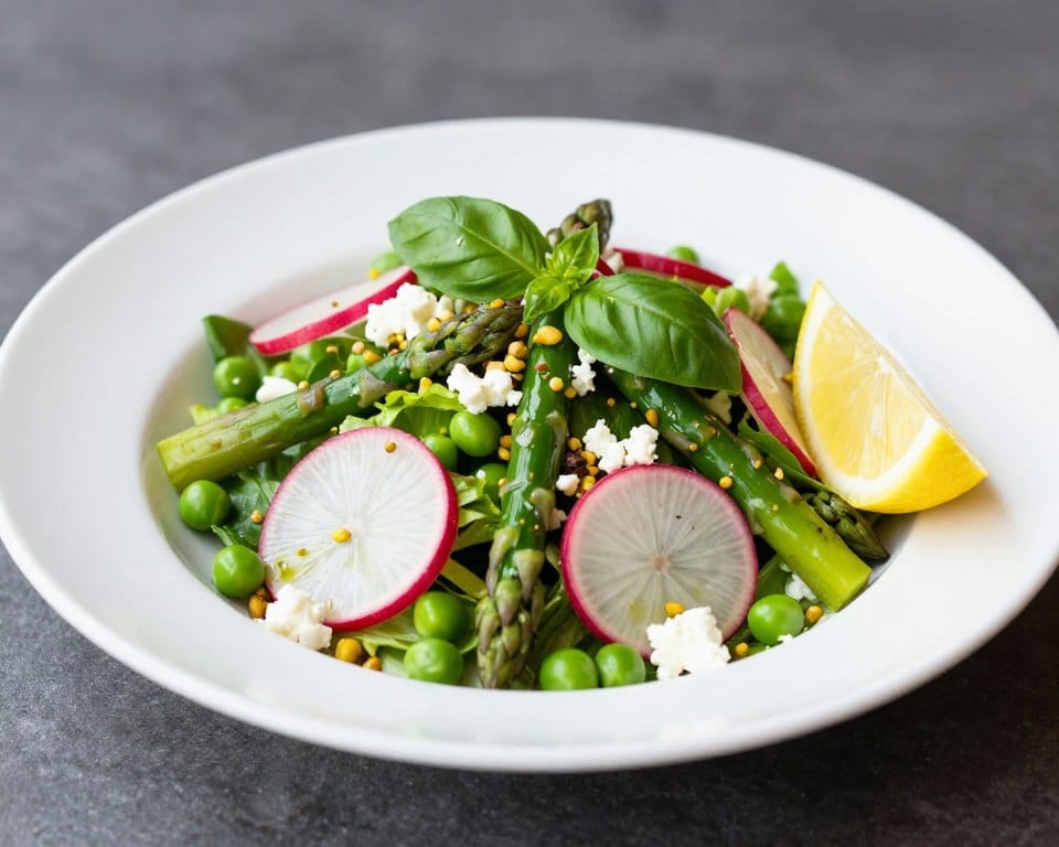 Professional spring salad plated on a white dish showing perfect texture and color balance