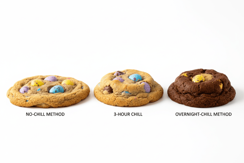 Side-by-side comparison of Cadbury Egg cookies made with different chill times showing thickness variations