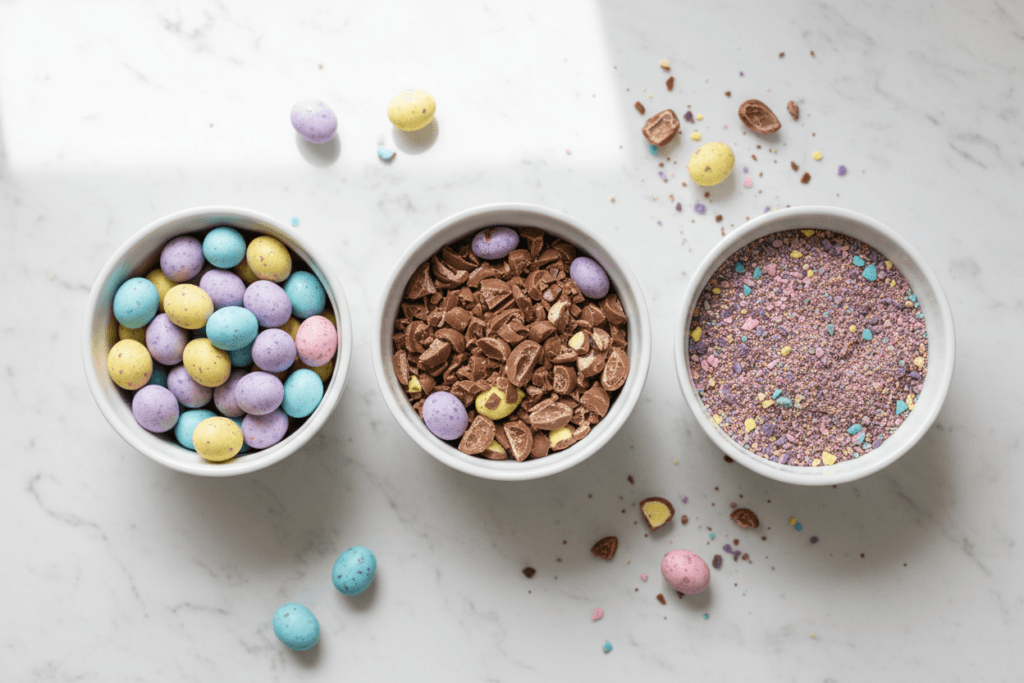 Three bowls showing whole, chopped, and crushed Cadbury mini eggs for cookie preparation