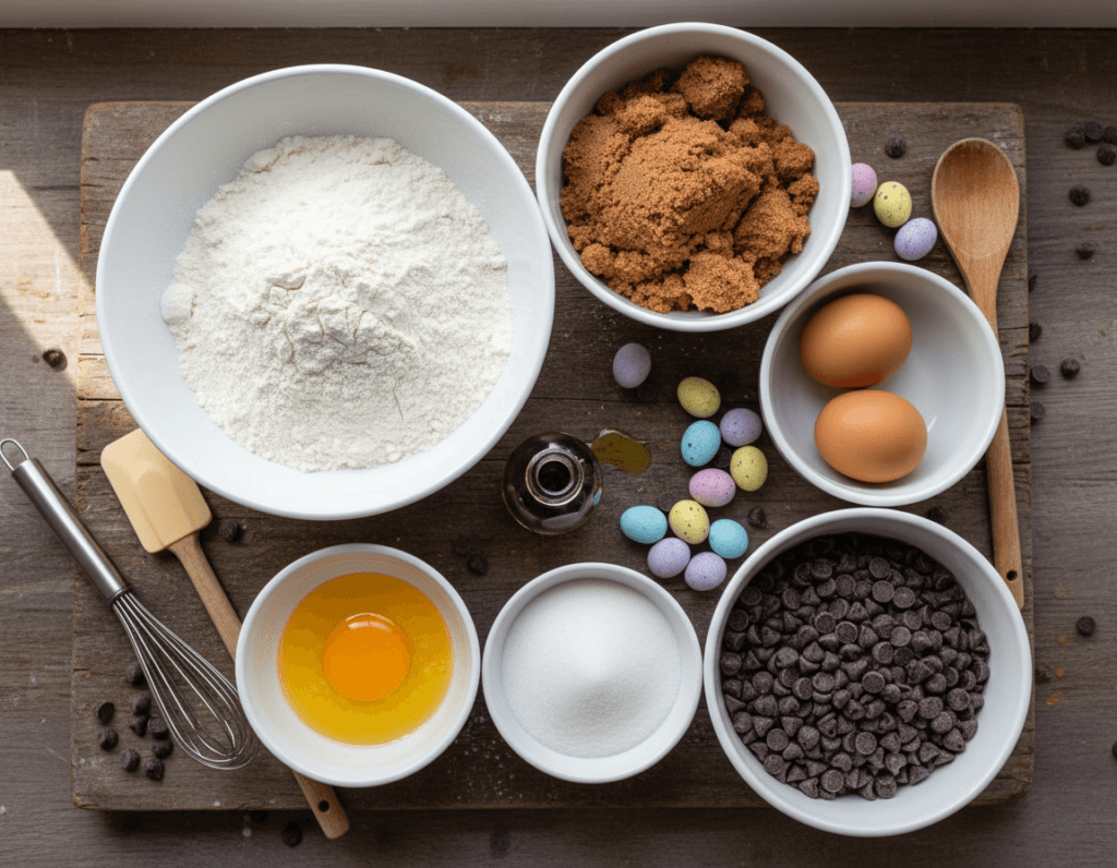Three bowls showing whole, chopped, and crushed Cadbury mini eggs for cookie preparation