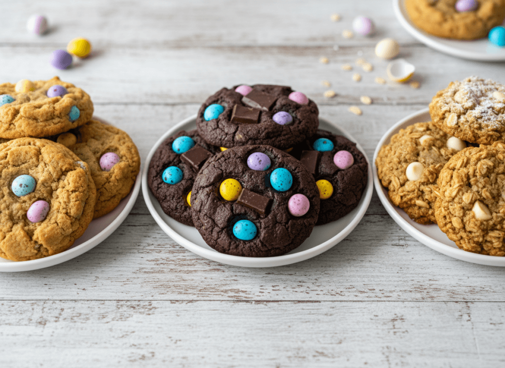 Three cookie variations side by side - brown butter, double chocolate, and oatmeal Cadbury Egg cookies