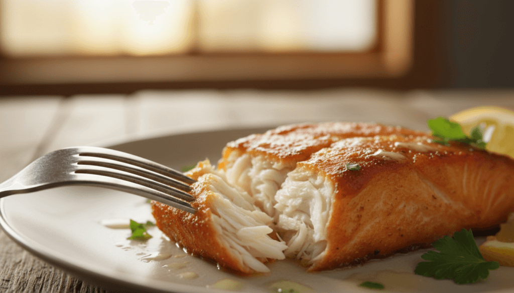 close-up of fork testing flakiness of baked orange roughy