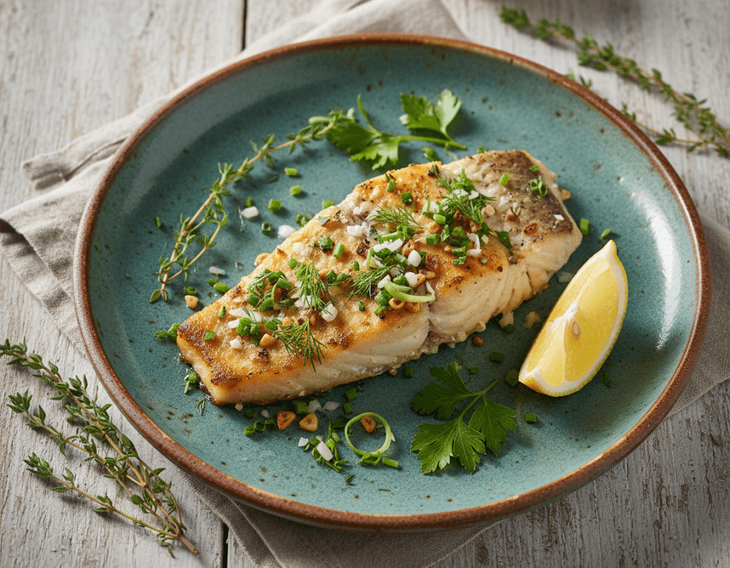 Baked orange roughy recipe plated with fresh herbs and a lemon wedge on a blue ceramic plate