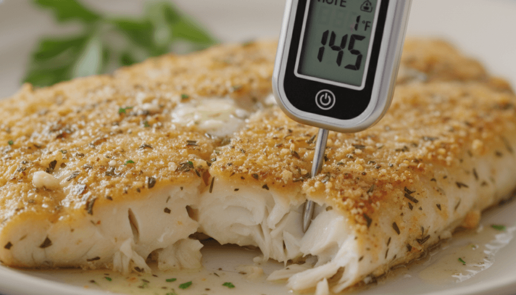 Baked orange roughy recipe checked with a thermometer showing 145°F for safe doneness
