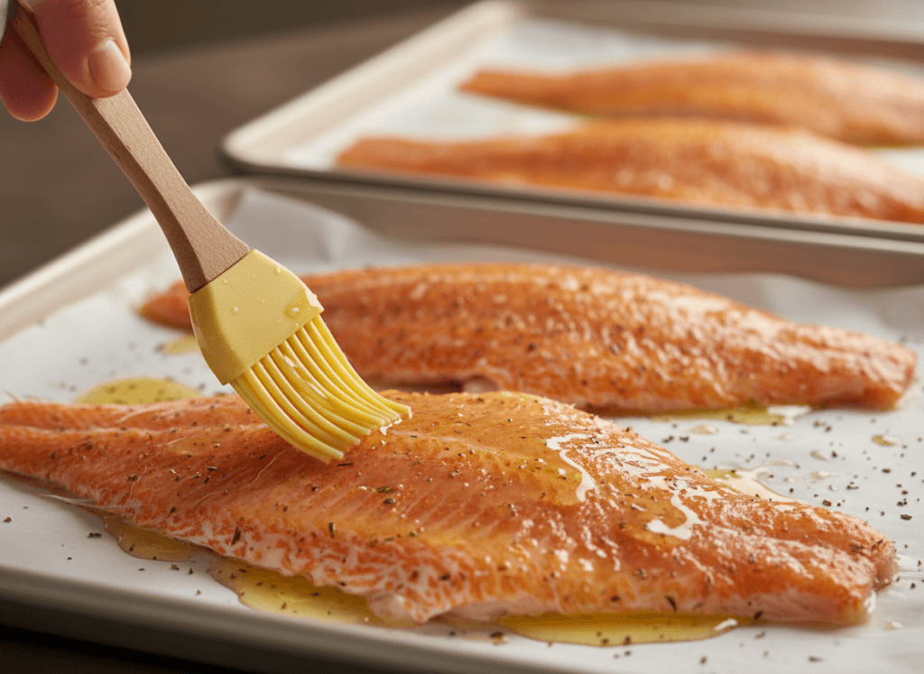 Brushing oil onto seasoned orange roughy fillets for a baked orange roughy recipe before baking