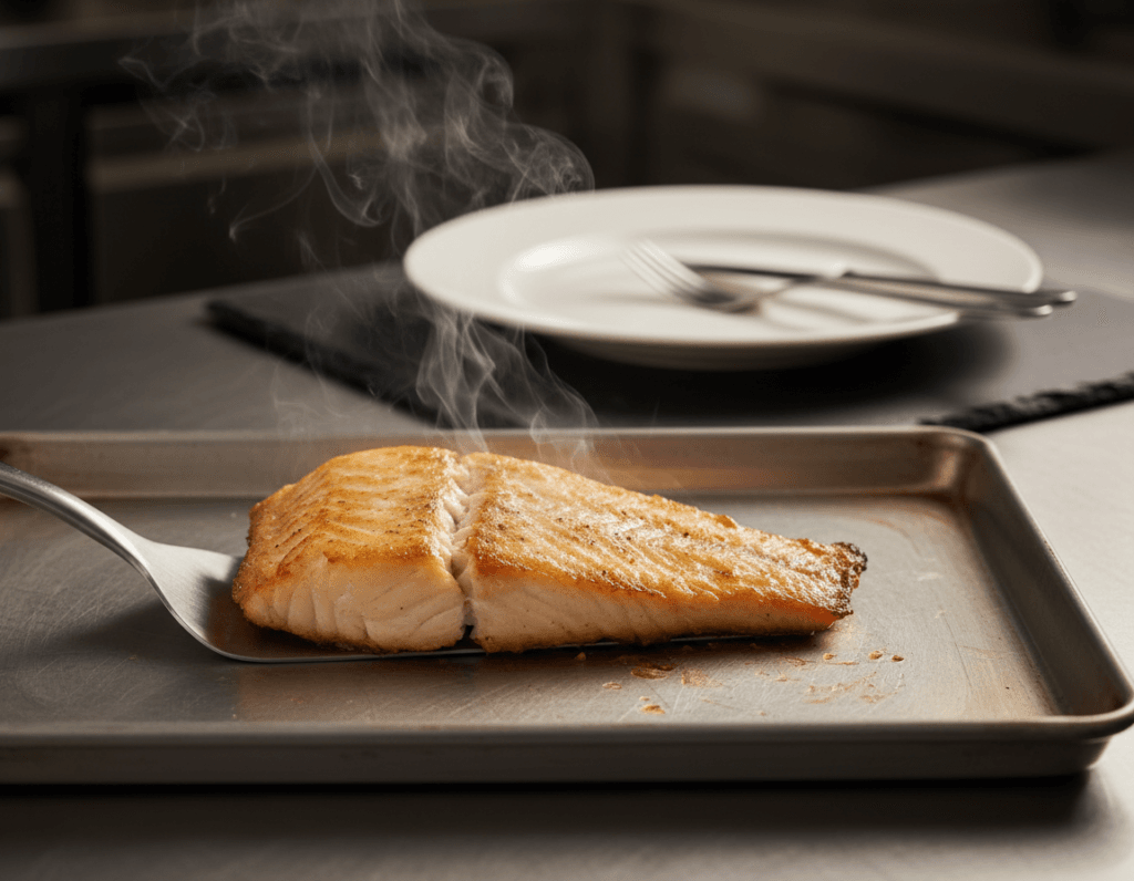 Baked orange roughy showing a steaming cooked fish fillet on a baking sheet after baking