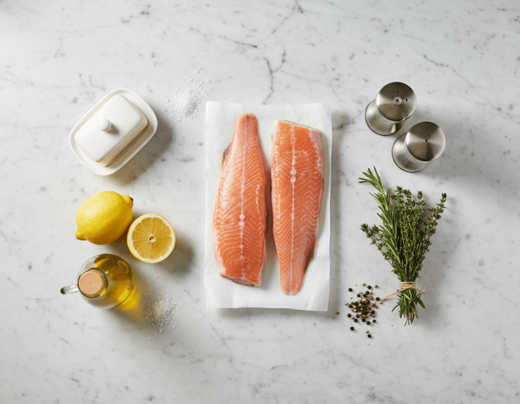 Ingredients for a baked orange roughy recipe with fish fillets, lemon, olive oil, butter, and fresh herbs on a marble surface