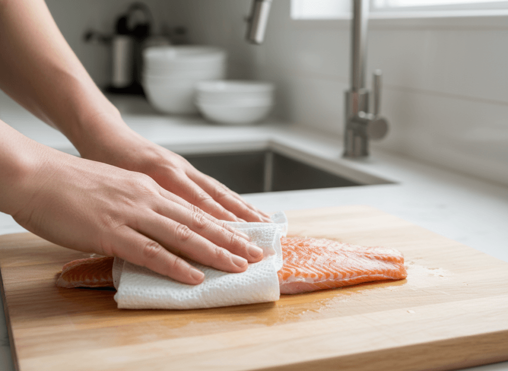 Patting orange roughy fillets dry with a paper towel for a baked orange roughy recipe before seasoning