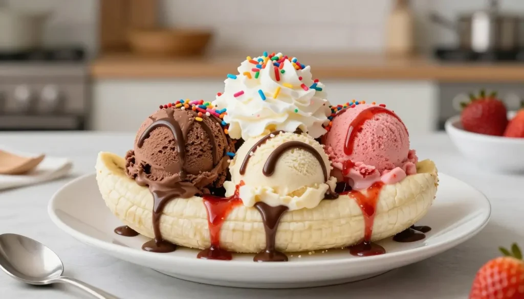 Banana split recipe served with banana halves, chocolate vanilla and strawberry ice cream, whipped cream, chocolate sauce, strawberry syrup, and rainbow sprinkles.