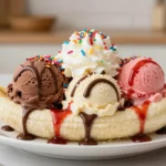 Banana split recipe served with banana halves, chocolate vanilla and strawberry ice cream, whipped cream, chocolate sauce, strawberry syrup, and rainbow sprinkles.