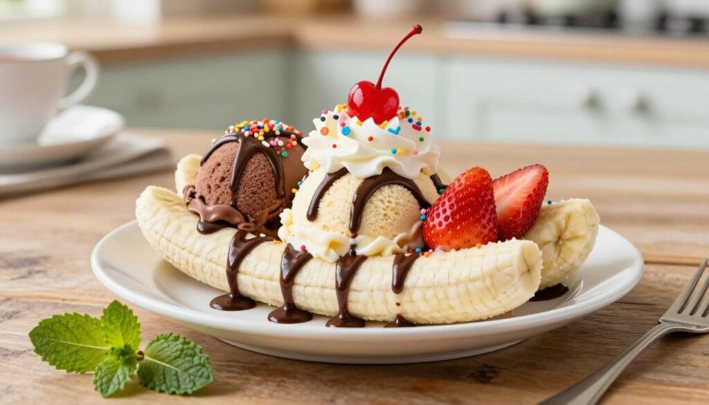 Banana split recipe with chocolate and vanilla ice cream, whipped cream, chocolate sauce, strawberries, sprinkles, and a cherry on top.