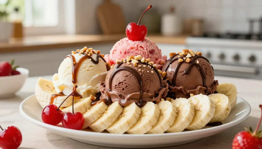 Banana split recipe with sliced bananas, vanilla chocolate and strawberry ice cream, chocolate sauce, cherries, and chopped nuts on a white plate.