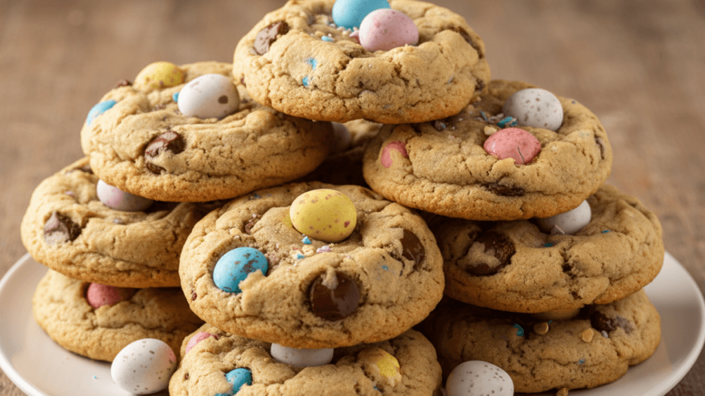 Cadbury egg cookies recipe with mini eggs and chocolate chips