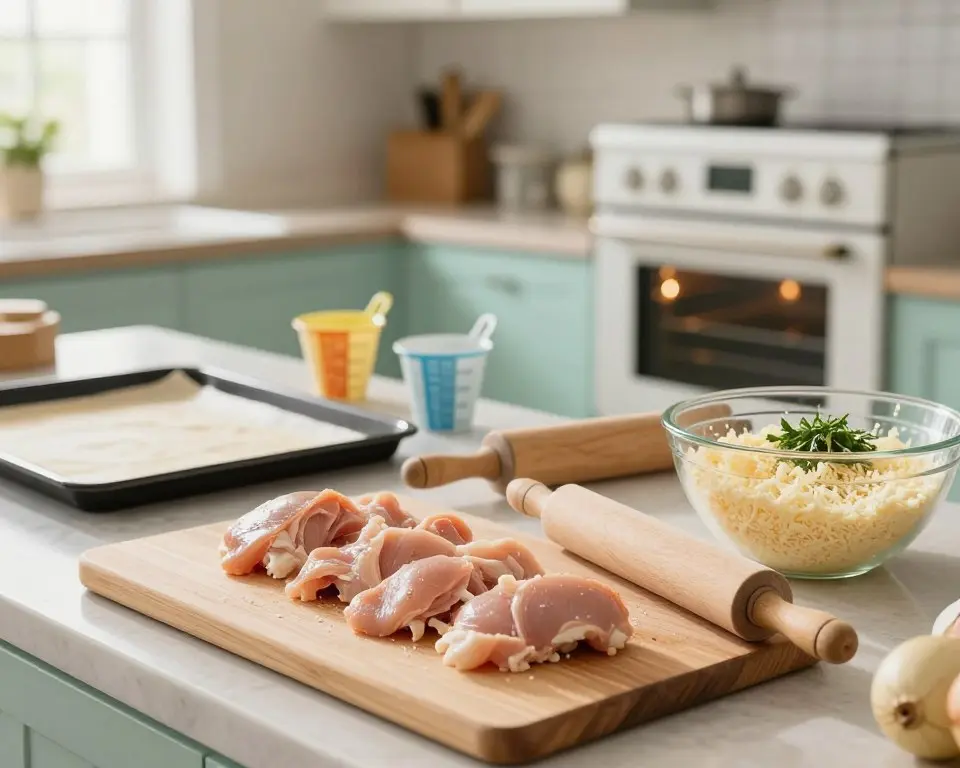 Raw chicken and shredded cheese on a cutting board for crispy chicken crust pizza recipe preparation