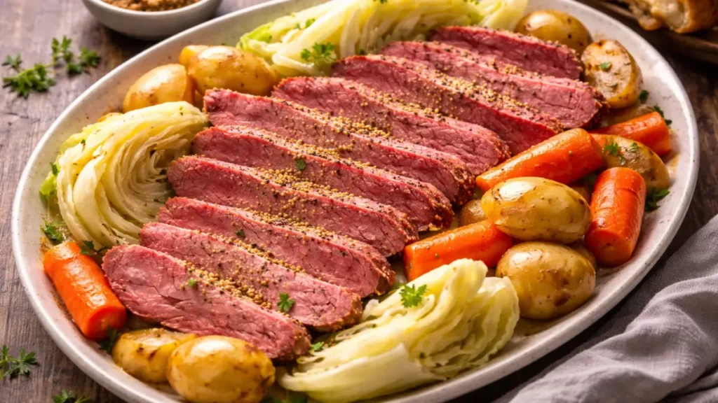 Traditional corned beef and cabbage with sliced brisket, potatoes, carrots, and cabbage on a serving platter