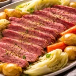 Traditional corned beef and cabbage with sliced brisket, potatoes, carrots, and cabbage on a serving platter