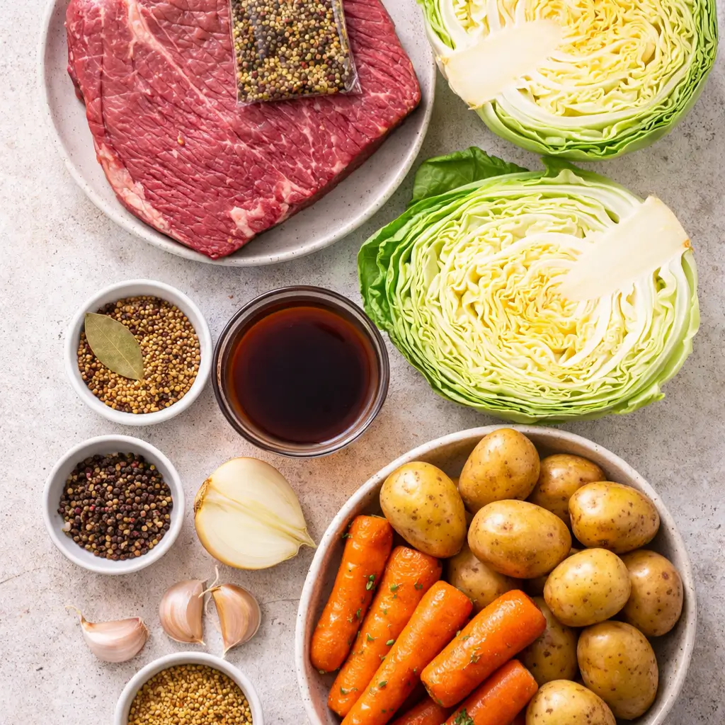 Corned beef brisket simmering in a pot with cabbage, carrots, potatoes, and spices