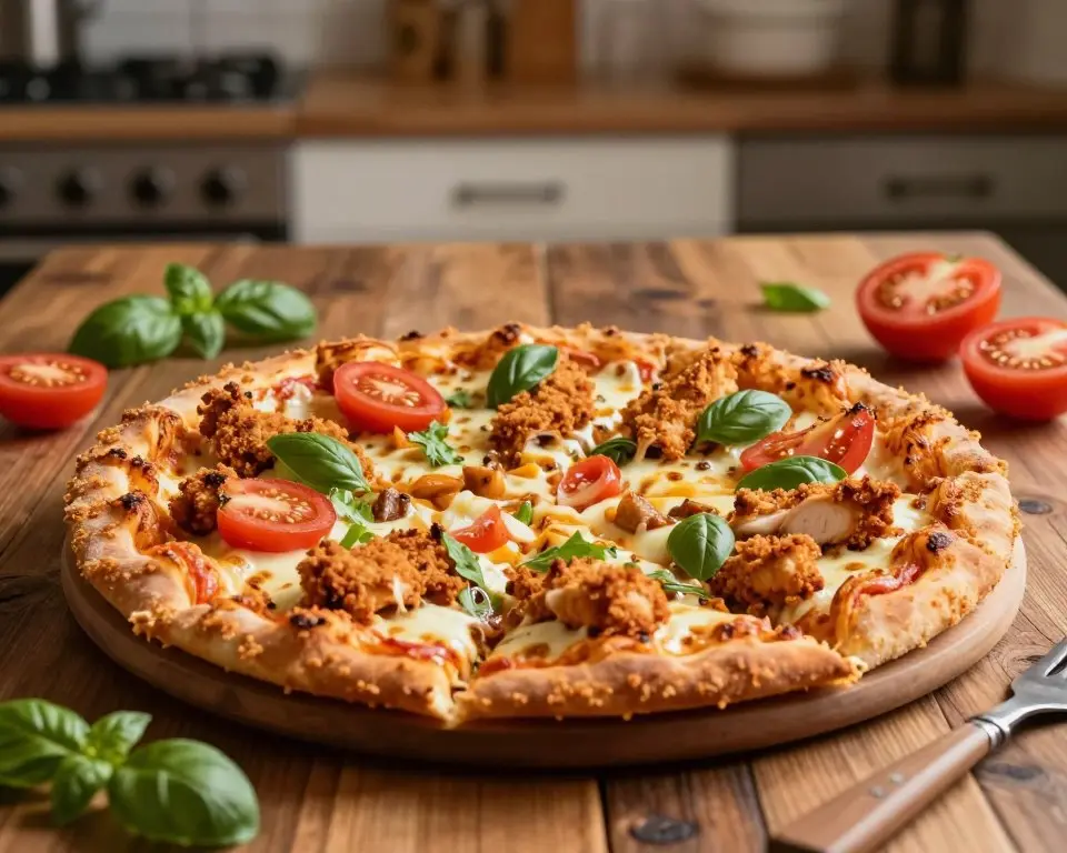 Crispy chicken crust pizza topped with melted cheese, chicken pieces, cherry tomatoes, and fresh basil on a wooden board