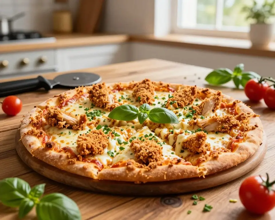 Crispy chicken crust pizza topped with melted cheese, chicken pieces, fresh basil, and tomatoes on a wooden board