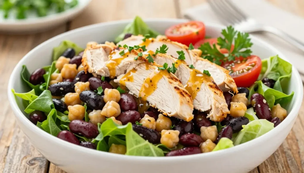 Dense bean salad with chicken in a white bowl with black beans, chickpeas, greens, tomatoes, and sliced chicken for a high-protein healthy lunch.