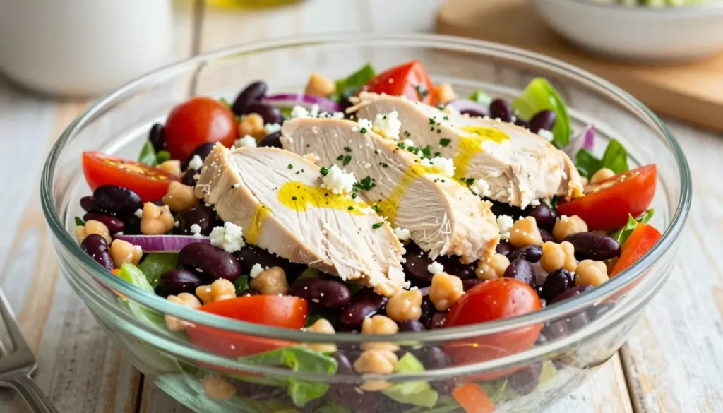 Dense bean salad with chicken in a glass bowl with black beans, chickpeas, tomatoes, greens, and sliced chicken for a healthy high-protein meal prep lunch.