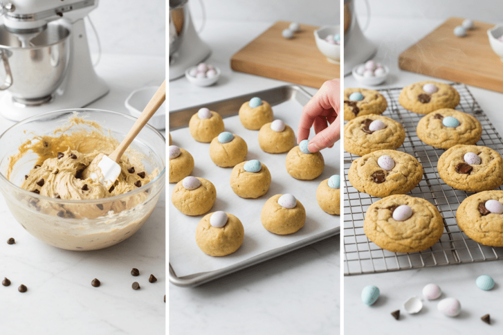 Step-by-step process of making Cadbury Egg cookies showing mixing bowl, dough, and baking sheet