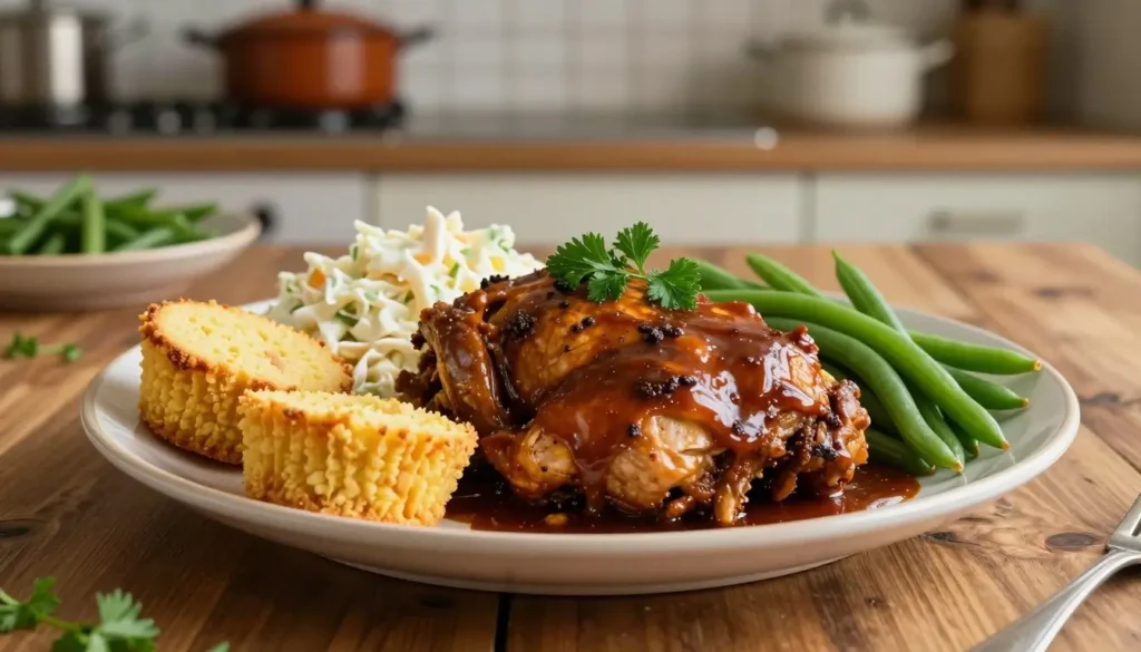 Mississippi mud chicken recipe served with green beans, creamy coleslaw, and cornbread on a rustic wooden table