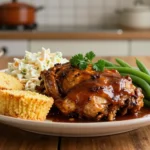 Mississippi mud chicken recipe served with green beans, creamy coleslaw, and cornbread on a rustic wooden table