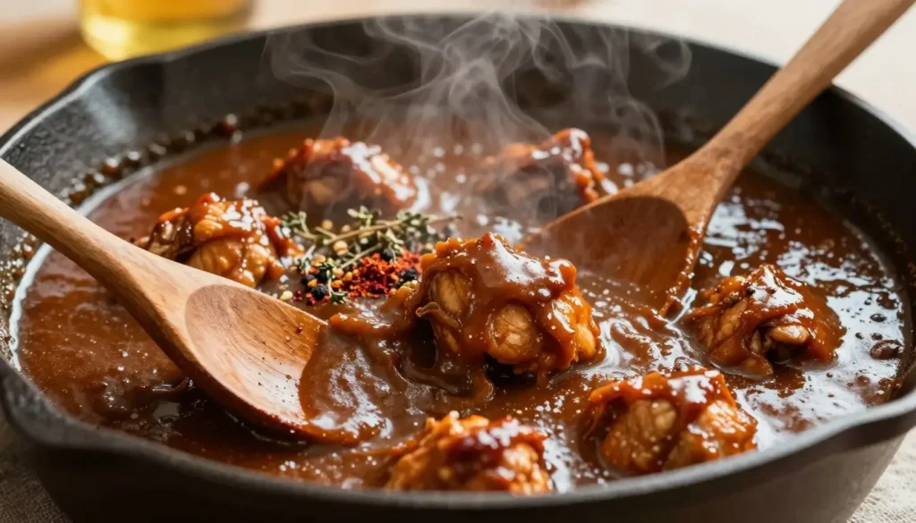 Mississippi mud chicken recipe simmering in a cast iron skillet with rich brown sauce and tender chicken pieces