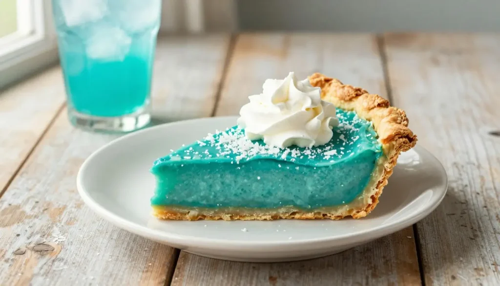 Slice of Mountain Dew Baja Blast pie with creamy blue filling, flaky crust, and whipped cream topping on a white plate.